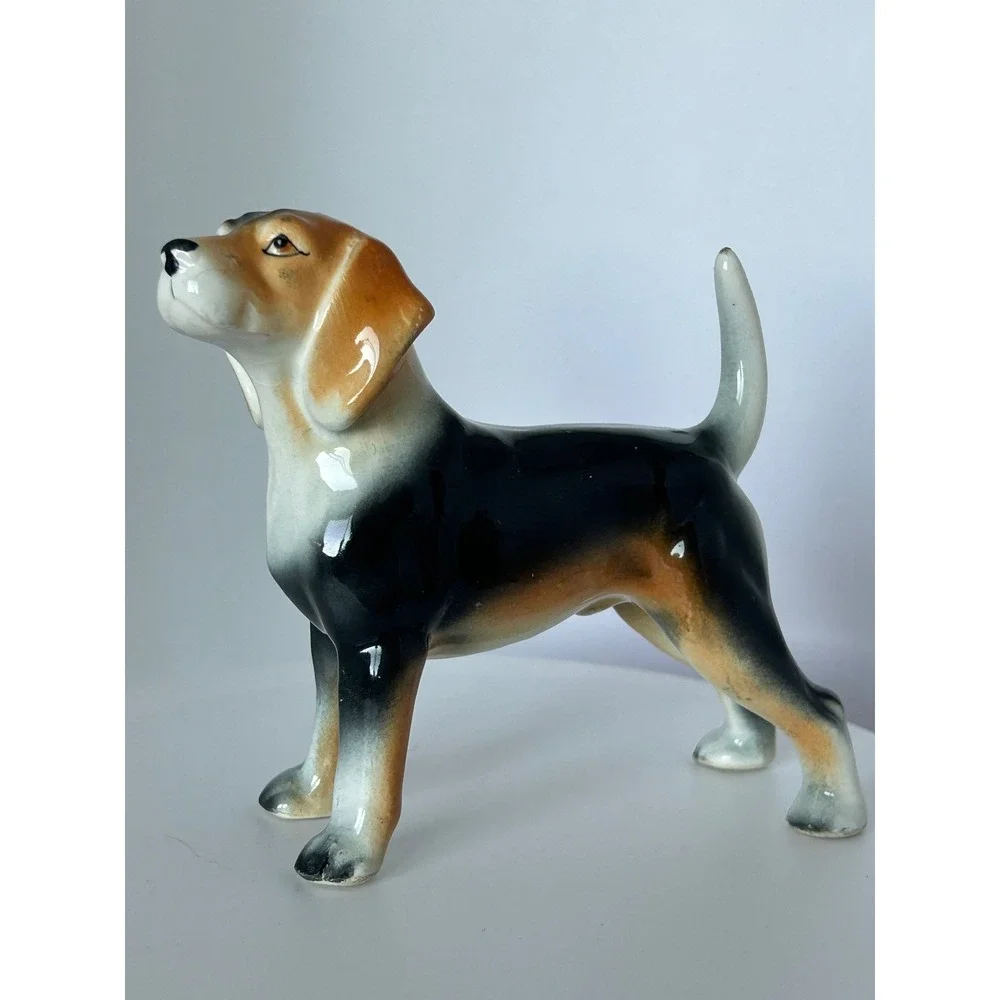 Vintage Ceramic Beagle Figurine Tricolor Dog Statue‎ Made in Japan Glossy Glaze